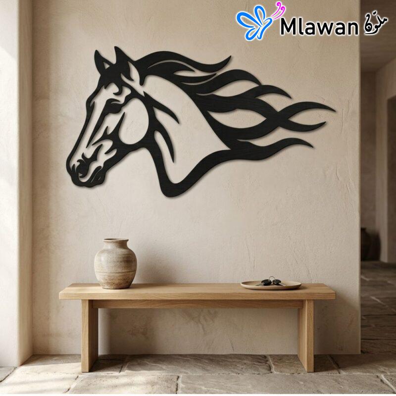 Black wooden horse wall art for home or office decor.