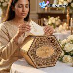 Floral hexagonal wedding card box engraved names.