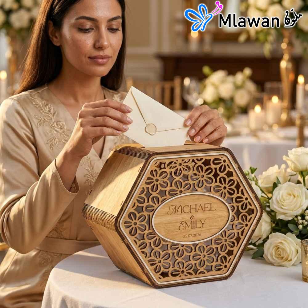 4965-1 (2) Floral hexagonal wedding card box engraved names.