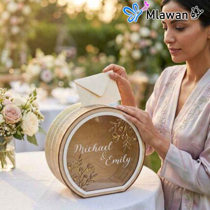 Engraved wood wedding card box.
