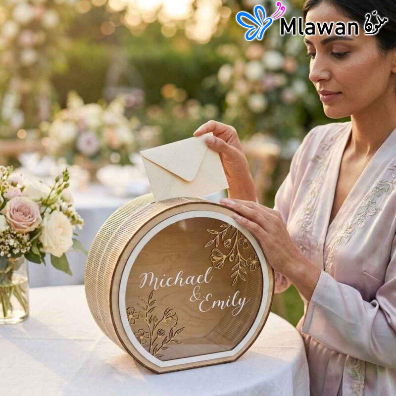 Engraved wood wedding card box.