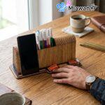 Personalized wooden desk organizer geometric name engraving UAE