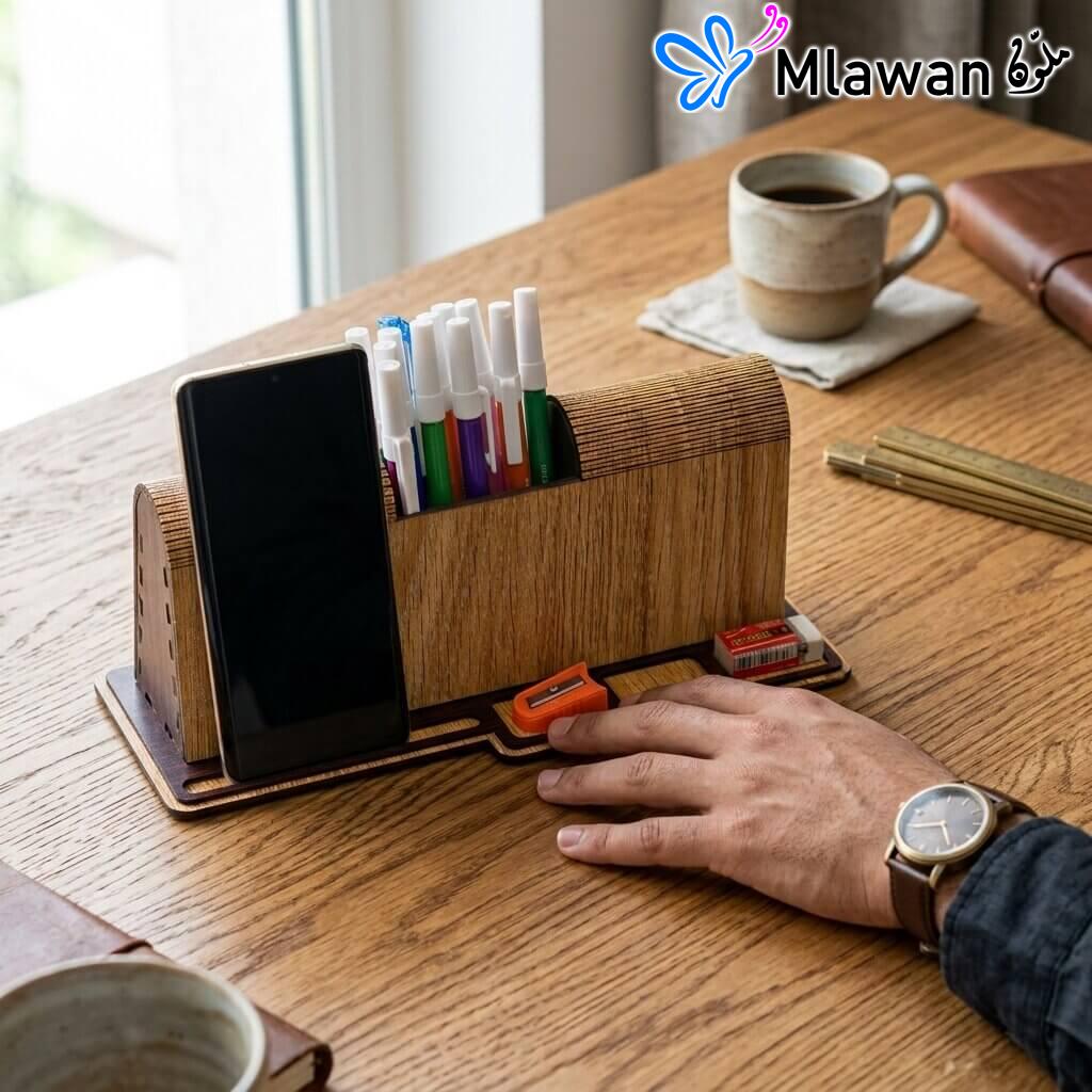 Personalized wooden desk organizer geometric name engraving UAE
