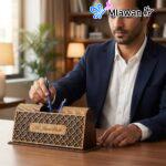 Geometric wooden desk organizer with engraved name.