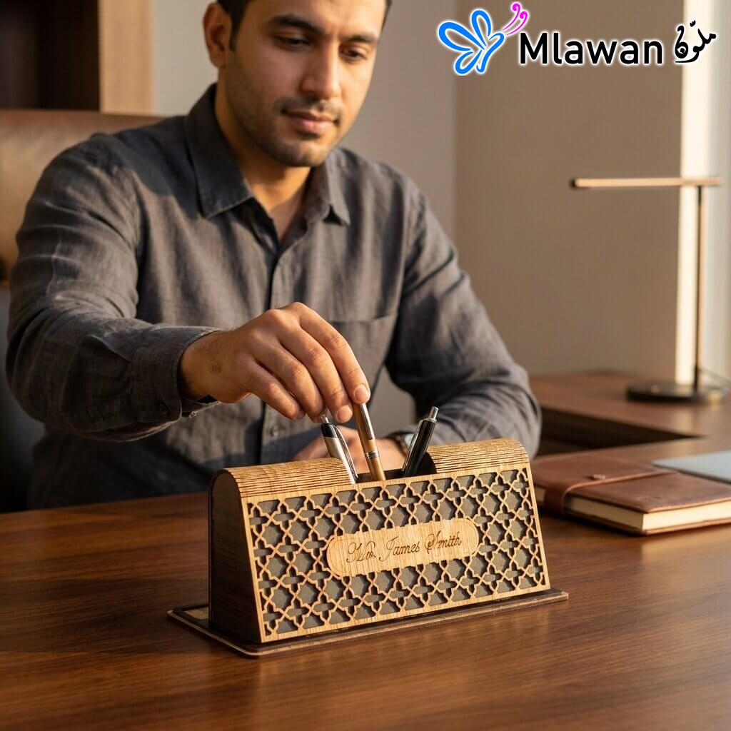 Personalized desk organizer geometric name wooden office gift