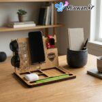 Elegant wooden desk organizer personalized phone watch dock.