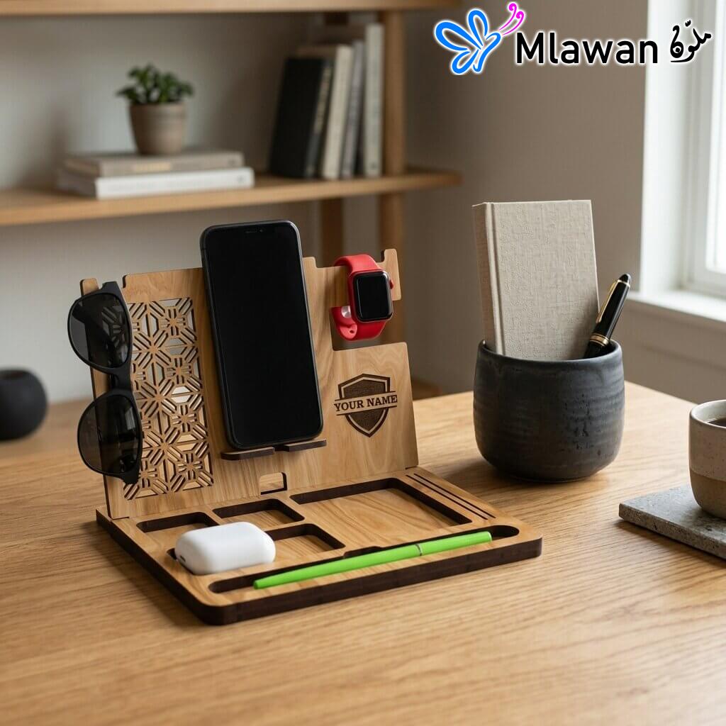 Elegant wooden desk organizer personalized phone watch dock.