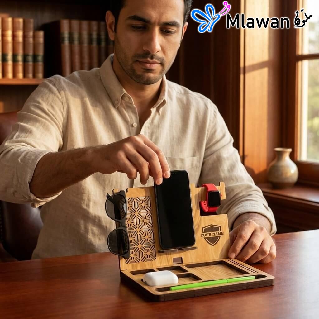 Wooden desk organizer for phone watch and accessories