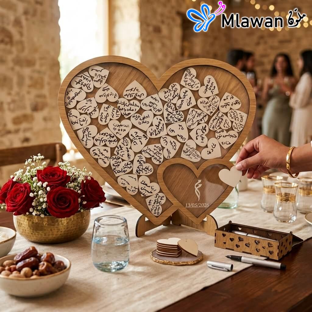 دفتر ضيوف خشبي قلب زفاف.