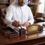 منظم مكتبي خشبي بالخط العربي حامل أقلام لوحة اسم