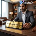 Elegant gold Arabic desk nameplate customizable black frame