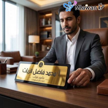 Elegant gold Arabic desk nameplate customizable black frame