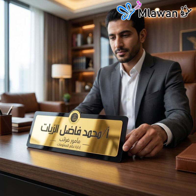 Elegant gold Arabic desk nameplate customizable black frame