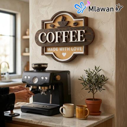 Wooden coffee sign with 3D love lettering decor.
