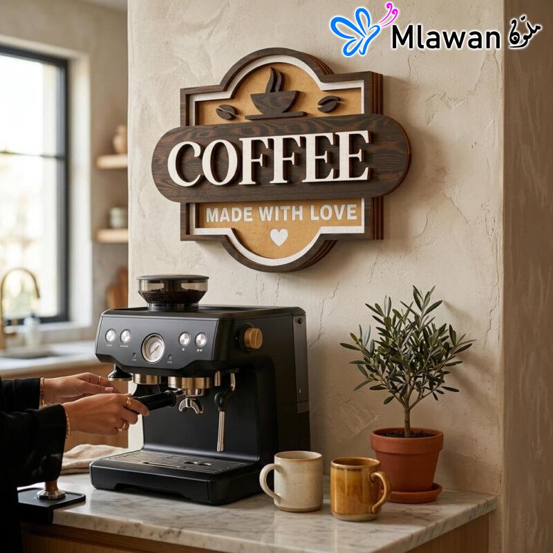 Wooden coffee sign with 3D love lettering decor.