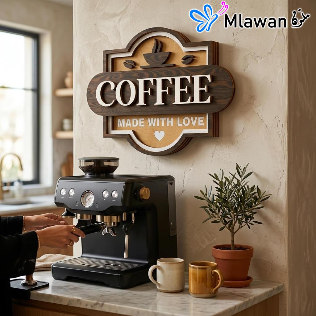 Wooden coffee sign with 3D love lettering decor.