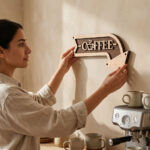 Wooden coffee sign with arrow for kitchen decor.