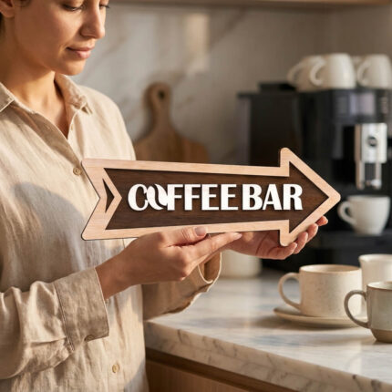 Wooden coffee bar Corner sign with arrow decor