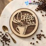 Wooden coffee bar sign with engraved cup motif gift
