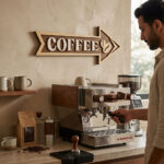 Wooden coffee arrow sign for kitchen decor.