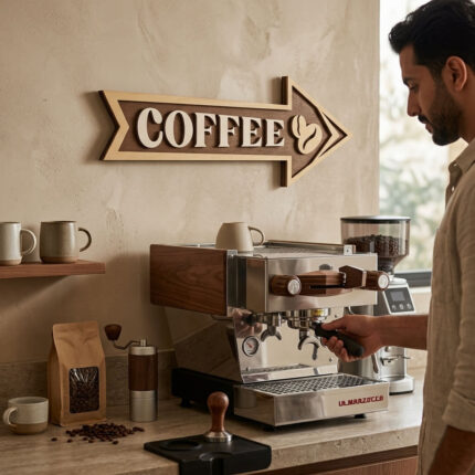 Wooden coffee arrow sign for kitchen decor.