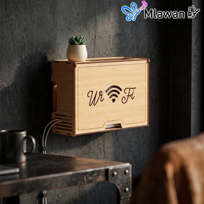 Wooden router box cable organizer for home office decor.