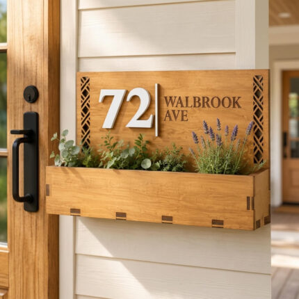 Personalized wooden house number sign with planter box welcomes guests.