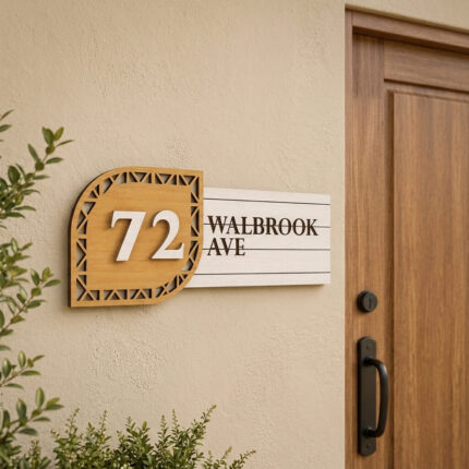 Modern curved wooden house number sign with name