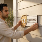 Curved wooden house number sign