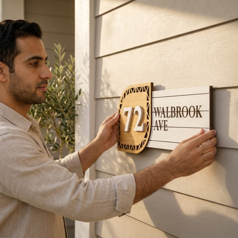 Curved wooden house number sign