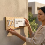 Modern wood house number sign with shelf exterior decor.