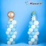 baby shower balloon stand with bottle and baby toppers