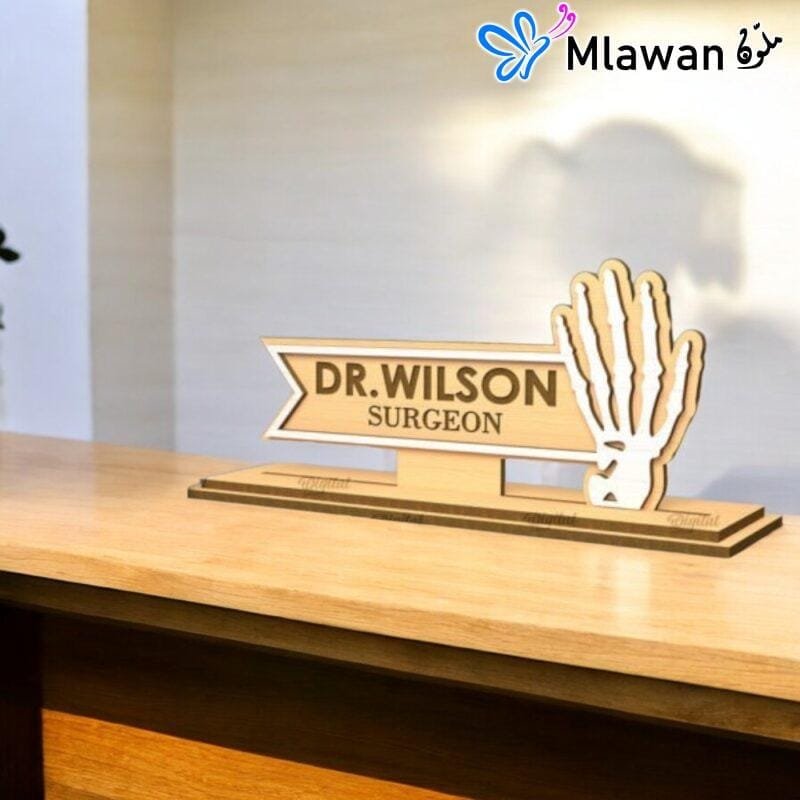 wooden desk nameplate with skeletal hand design
