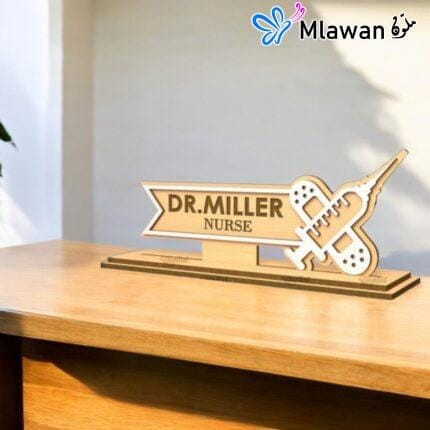 wooden desk name plate with medical symbols and personalized text for doctors