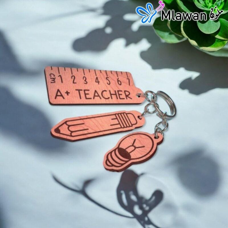 Teacher appreciation keychain set with pencil, ruler, and lightbulb charms