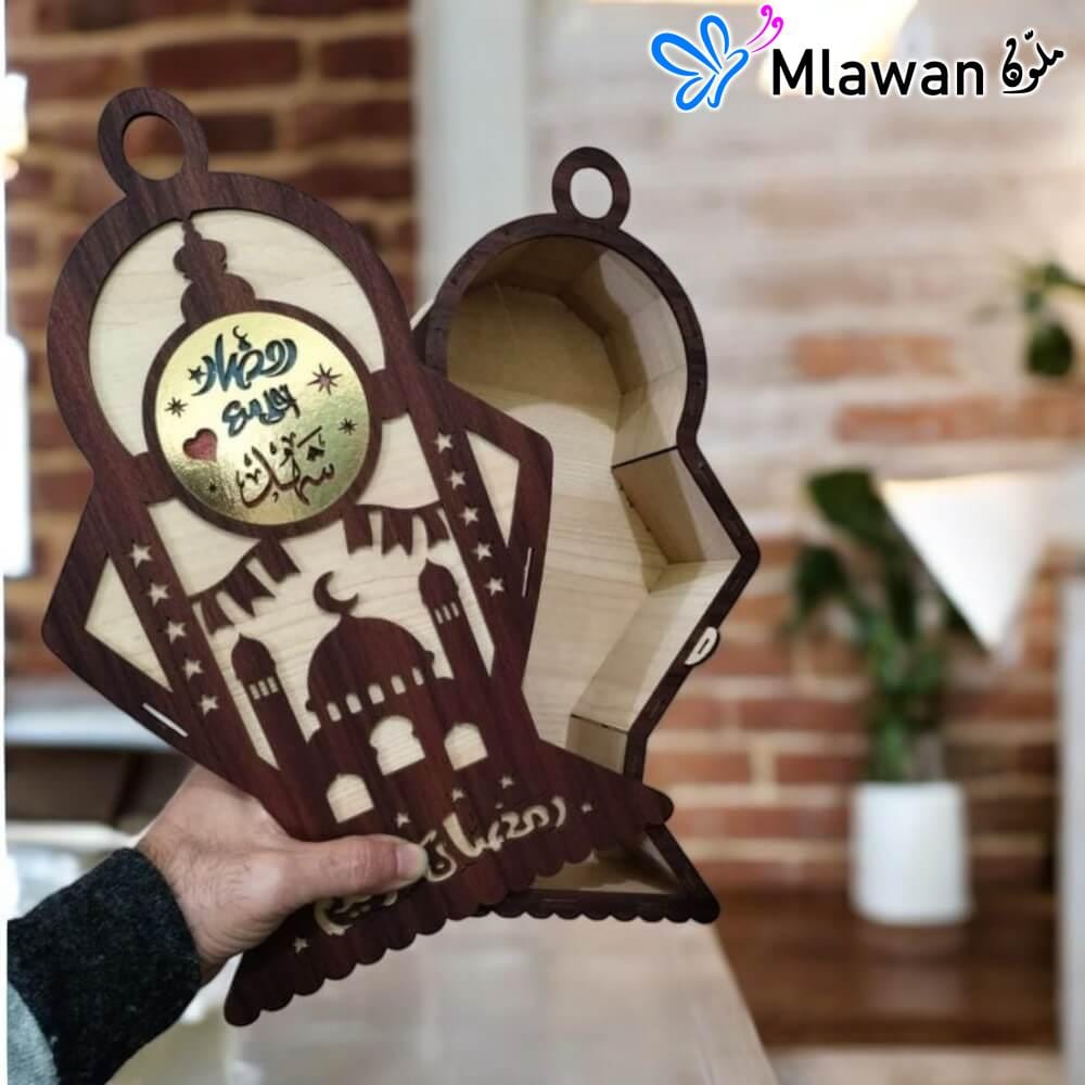Ramadan lantern-shaped wooden storage box with laser-cut details Ramadan lantern-shaped wooden storage box with laser-cut details